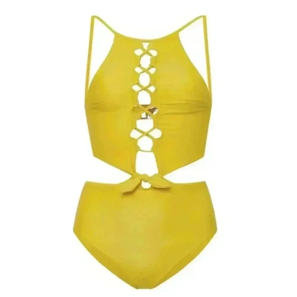 EPHEMERA Mustard Woven One Piece Swimsuit In Yellow NEW NWT! - Picture 2 of 5
